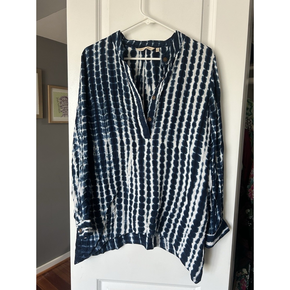 Soft Surroundings Womens Tunic Blue White Tie Dye Long Sleeve Size Small Pockets